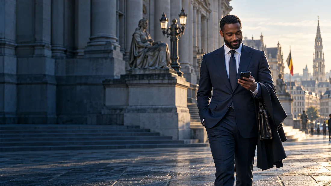 Illustration d’un avocat consultant son téléphone devant un bâtiment européen
